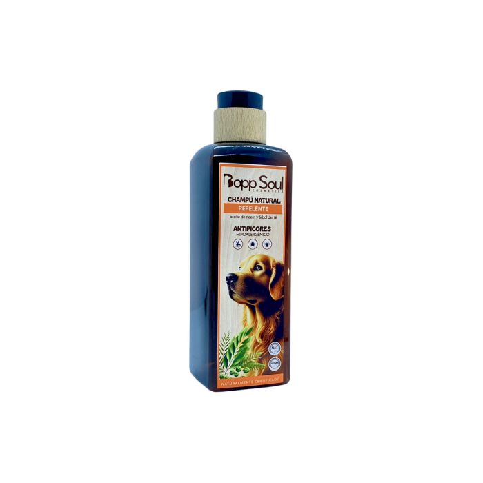 Botella de champú antipicores para perros Bopp Soul con aceite de neem y árbol del té, 300 ml