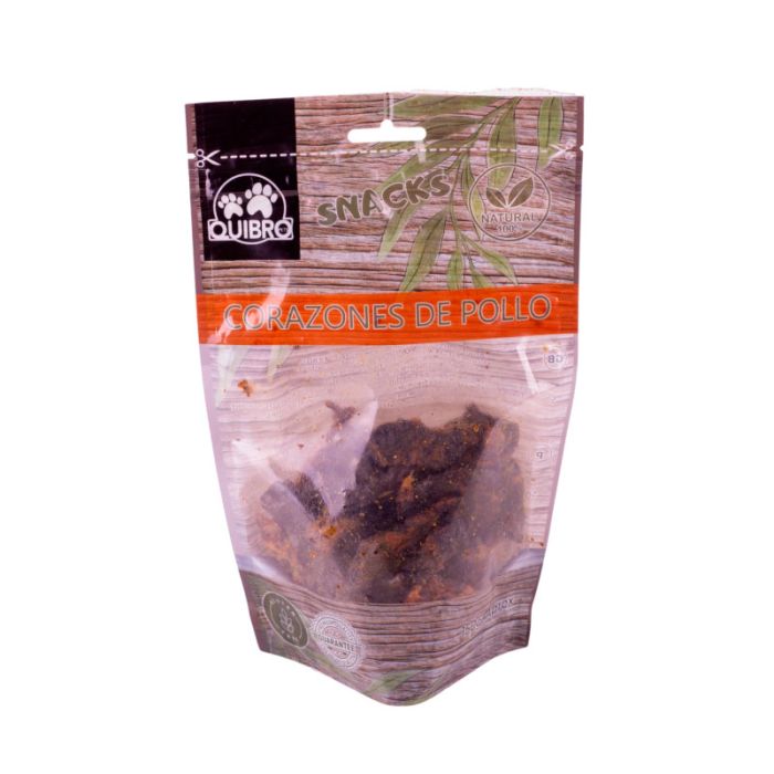 Bolsa de snacks naturales corazones de pollo deshidratados Quibro 160g con cierre hermético y ventana transparente