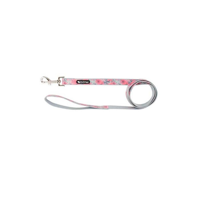 Correa de nylon para perro marca Ibáñez con estampado floral rosa, asa de color gris y mosquetón metálico cromado.