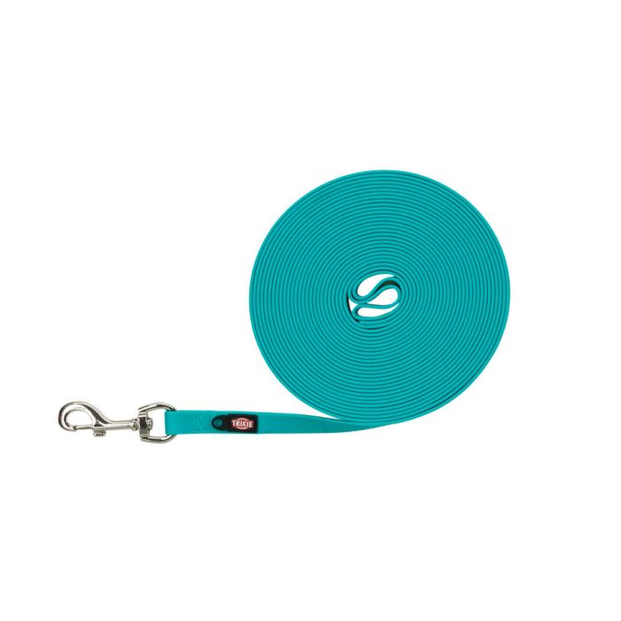 Correa de rastreo Trixie Easy Life azul océano enrollada con mosquetón metálico y etiqueta de la marca
