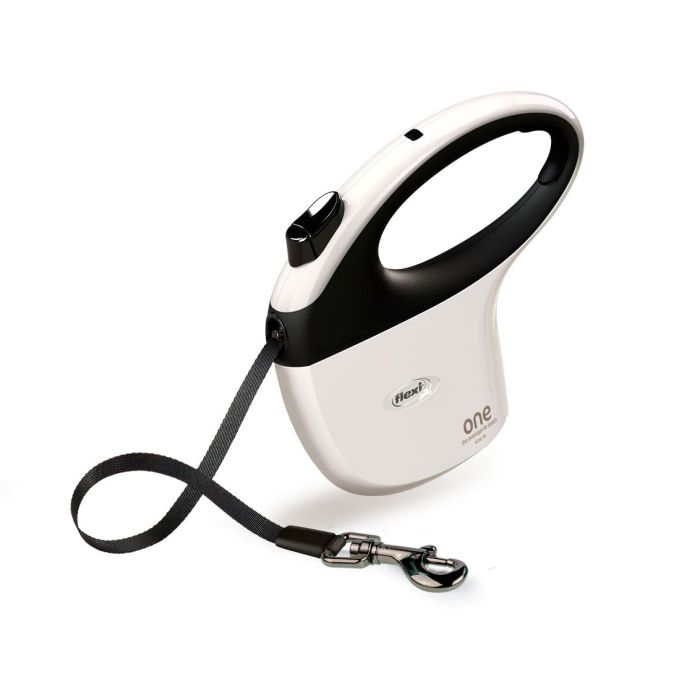 Correa extensible Flexi One de cinta en color blanco y negro con mosquetón metálico