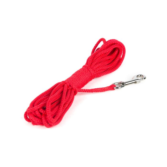 Correa de rastreo Julius-K9 roja de cuerda redonda, 10 metros de largo y 4mm de grosor, enrollada con mosquetón metálico cromado.
