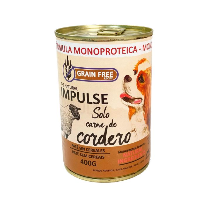Lata de paté húmedo para perro The Natural Impulse solo carne de cordero 400g vista frontal