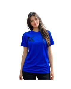 Frente de la camiseta técnica X-OTIK PocketRebell+ color azul para mujer con logotipo deportivo negro en el pectoral derecho