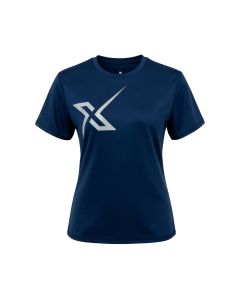 Vista frontal de la camiseta técnica para adiestramiento X-OTIK PocketRebell+ de mujer en color azul marino con el logo de la marca cruzado en el pecho