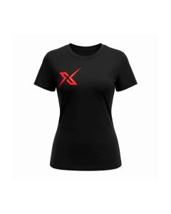 Vista frontal de la camiseta técnica negra X-OTIK PocketRebell+ para mujer, con logotipo rojo en el pecho.