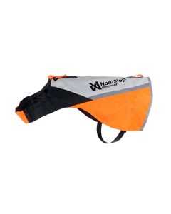 Capa de alta visibilidad Non-stop dogwear Protector cover 2.0 color blanco, negro y naranja vista lateral izquierda mostrando el tejido ripstop