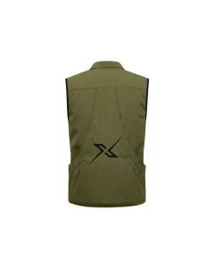 Vista trasera del chaleco de adiestramiento X-OTIK PackLeader+ verde mostrando el bolsillo magnético y el logo X.