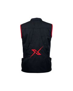 Vista trasera del chaleco X-OTIK PackLeader+ negro mostrando el gran bolsillo magnético y logo rojo en la espalda