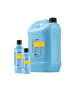 Formatos de Artero Champú Bloom en envases azul claro de 100 ml, 300 ml y garrafa de 5000 ml con etiqueta amarilla