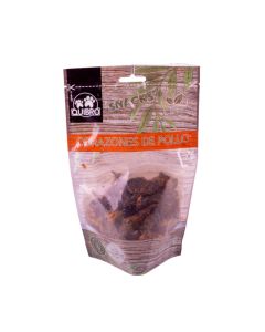 Bolsa de snacks naturales corazones de pollo deshidratados Quibro 160g con cierre hermético y ventana transparente
