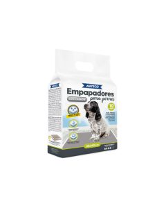 Envase de empapadores Nayeco para perros con carbón activo de 60x60 centímetros en pack de 10 unidades, mostrando un cachorro en el frontal y especificaciones de absorción