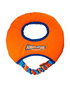 Frisbee mordedor naranja y azul Tug-E-Nuff Aero-Tug con asa elástica bungee sobre fondo blanco