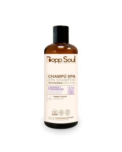 Botella frontal de champú Bopp Soul Spa Pieles Sensibles 300ml con etiquetas de lavanda y cardamomo sobre fondo blanco