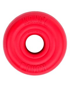 Juguete de caucho natural rojo KONG Donut SM con relieve KONG y texto Golden CO USA