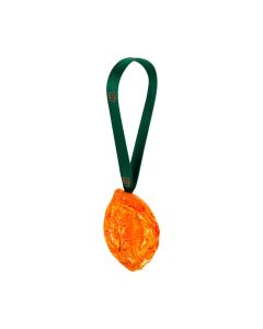 Juguete de caucho natural Herm Sprenger tortuga naranja y amarillo con asa de cinta verde para perros