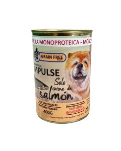 Lata de paté húmedo para perro The Natural Impulse solo carne de salmón 400g vista frontal