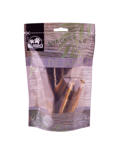 Bolsa retail con autocierre zip y ventana transparente de piel de jabali deshidratada Quibro snack natural para perros