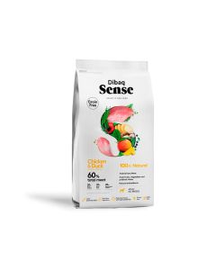 Saco blanco de pienso Dibaq Sense Holistic Dog Food Grain Free Chicken and Duck con 60% de carne total y cierre Zip and Fresh