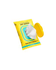 Envase amarillo de toallitas Onlyfresh Pet Wipes Aloe Vera de 25 unidades con ribetes turquesa y tapa rígida amarilla abierta mostrando el tejido