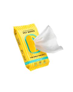 Paquete de toallitas Onlyfresh Pet Wipes 50 unidades con tapa rígida amarilla abierta mostrando la toallita de bambú