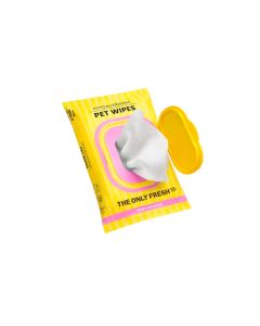 Envase amarillo de toallitas Onlyfresh Pet Wipes Baby Powder de 25 unidades con ribetes rosas y tapa rígida amarilla abierta mostrando el tejido