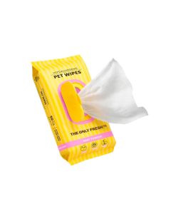 Paquete amarillo de toallitas Onlyfresh Pet Wipes Baby Powder 50 unidades con detalles en rosa y tapa rígida amarilla abierta mostrando la toallita blanca