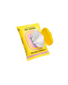 Envase amarillo de toallitas Onlyfresh Pet Wipes Lavanda de 25 unidades con tapa rígida abierta mostrando el tejido