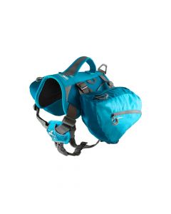 Mochila para perro Kurgo Baxter de color azul turquesa, mostrando el arnés ergonómico y las alforjas laterales.