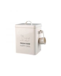 Contenedor metálico color crema para pienso de perro con el texto "Fresh Food Happy Dog" y un cacito dosificador colgado en el lateral.