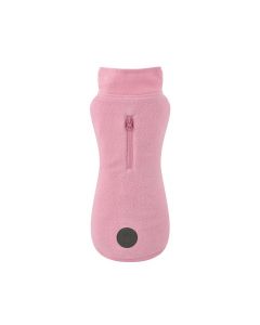 Forro polar liso de color rosa pálido para perro, con cuello alto, cremallera para arnés en la espalda y parche reflectante de seguridad en el bajo.