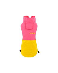 Chubasquero o impermeable para perro Nayeco XTRM de color fucsia y amarillo vibrante, con cuello alto, bolsillo y cordones ajustables.
