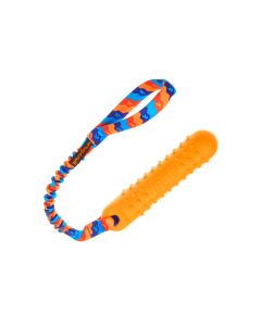 Juguete para perro 3 en 1 Tug-E-Nuff Bob, con mordedor de goma naranja y asa elástica bungee de colores.