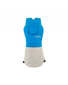 Chubasquero o impermeable para perro Nayeco XTRM de color azul y gris claro con bolsillo y cordones de ajuste en la parte inferior.