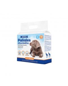 Pañal para perro macho con indicador de humedad, cierre adhesivo y banda elástica, en 4 tallas de 30 a 83 cm de cintura.