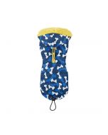 Chaqueta acolchada para perro de la marca Nayeco con estampado de huesos azules y blancos, forro interior de borreguito amarillo en la capucha y cremallera frontal.