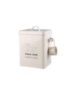 Contenedor metálico color crema para pienso de perro con el texto "Fresh Food Happy Dog" y un cacito dosificador colgado en el lateral.