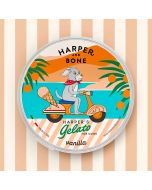 Envase de Harper & Bone Gelato sabor vainilla para perros, ilustración de perro en scooter