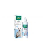 Botella y caja de limpiador ocular OptiCan Stangest con perro y gato