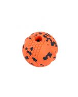 Pelota para perro Non-stop Dog ball, color naranja y negro, con textura de hexágonos y un agujero para pasar una cuerda.