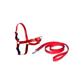 Kit de arnés anti-tirones de color rojo modelo Nayeco Easy Walk junto a su correa de nylon a juego sobre un fondo blanco.