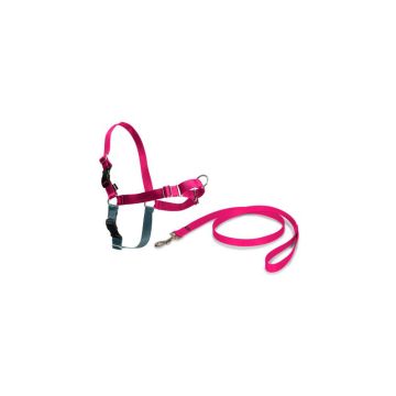 Kit de arnés anti-tirones Nayeco Easy Walk de color rosa con detalles en gris, junto a su correa de nylon a juego sobre fondo blanco.