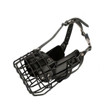 Vista lateral del bozal fisiológico Dingo Gear K9 negro para Pastor Alemán con estructura metálica y correas de cuero
