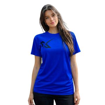 Frente de la camiseta técnica X-OTIK PocketRebell+ color azul para mujer con logotipo deportivo negro en el pectoral derecho