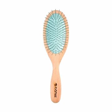 Cepillo de mantequilla Ibáñez con mango de madera suave y base de goma verde con púas metálicas pulidas