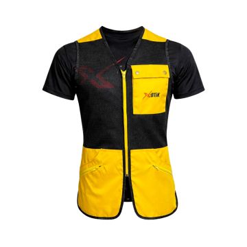 Vista frontal del chaleco de adiestramiento X-OTIK Packleader Mesh+ en color amarillo y negro, mostrando malla técnica transpirable