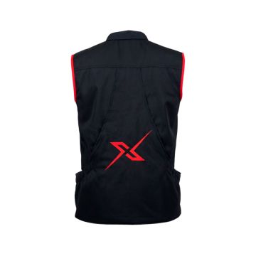 Vista trasera del chaleco X-OTIK PackLeader+ negro mostrando el gran bolsillo magnético y logo rojo en la espalda