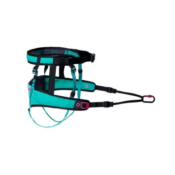 Perfil técnico del cinturón de canicross Non-stop dogwear CaniX belt 2.0 en colores aqua y rosa mostrando correas de ajuste y mosquetón frontal