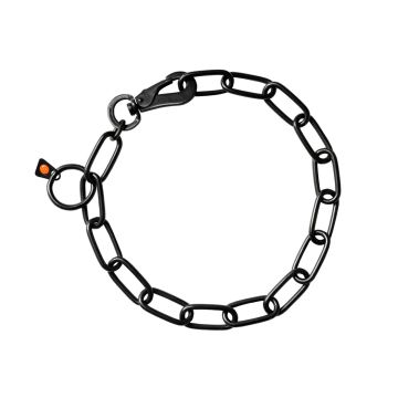 Collar de eslabones anchos HS Sprenger de acero inoxidable en color negro con gancho de ajuste sobre un fondo gris claro.