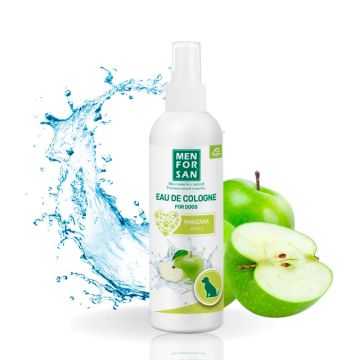 Botella de agua de colonia para perros Menforsan fragancia manzana 125 ml con difusor en spray y fondo splash de agua